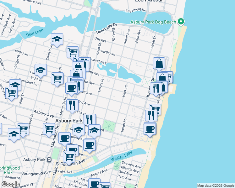 map of restaurants, bars, coffee shops, grocery stores, and more near 409 3rd Avenue in Asbury Park