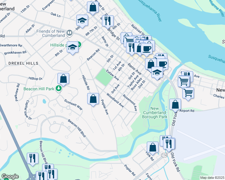 map of restaurants, bars, coffee shops, grocery stores, and more near 318 Rosemont Avenue in New Cumberland