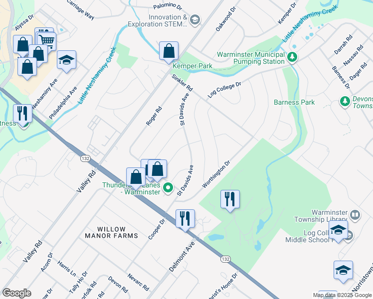 map of restaurants, bars, coffee shops, grocery stores, and more near 762 Saint Davids Avenue in Warminster