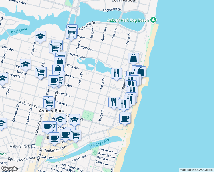 map of restaurants, bars, coffee shops, grocery stores, and more near 305 3rd Avenue in Asbury Park