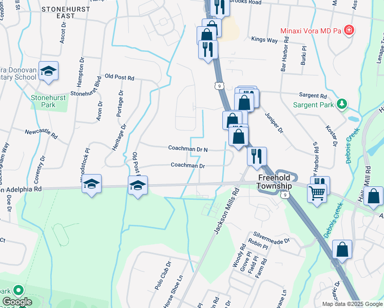 map of restaurants, bars, coffee shops, grocery stores, and more near 6 Musket Lane in Freehold