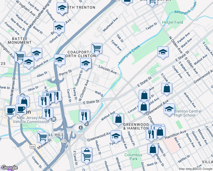 map of restaurants, bars, coffee shops, grocery stores, and more near 100 Rider Avenue in Trenton