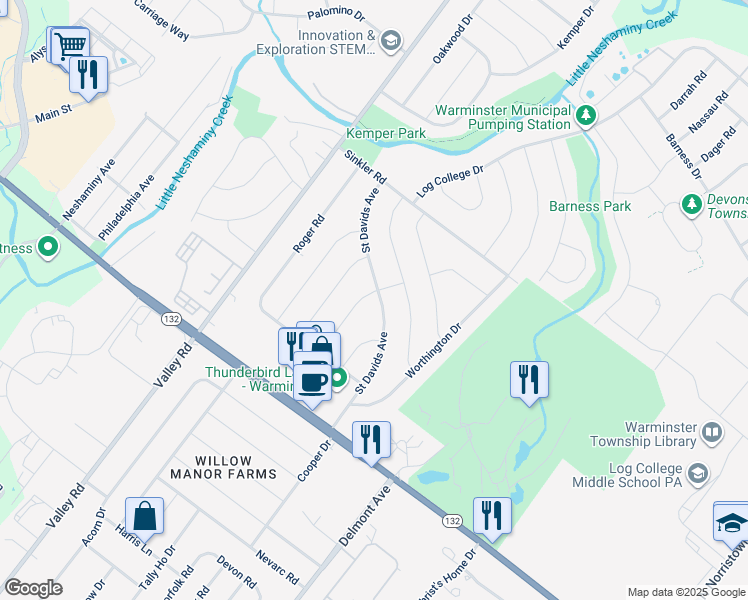 map of restaurants, bars, coffee shops, grocery stores, and more near 762 Saint Davids Avenue in Warminster