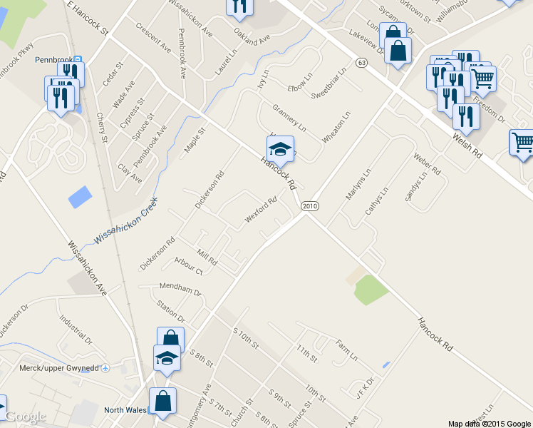 map of restaurants, bars, coffee shops, grocery stores, and more near 4 Wexford Road in North Wales