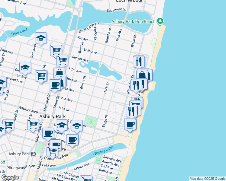 map of restaurants, bars, coffee shops, grocery stores, and more near 210 4th Avenue in Asbury Park