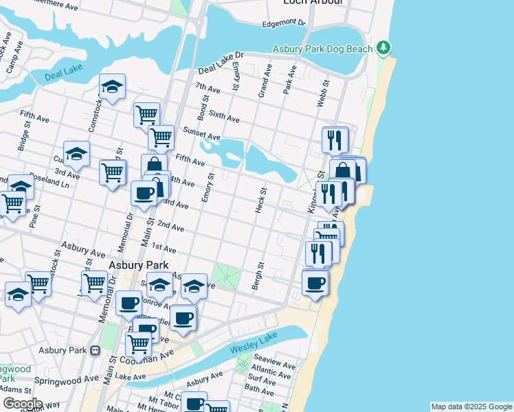 map of restaurants, bars, coffee shops, grocery stores, and more near 305 3rd Avenue in Asbury Park