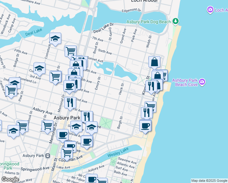 map of restaurants, bars, coffee shops, grocery stores, and more near 409 3rd Avenue in Asbury Park