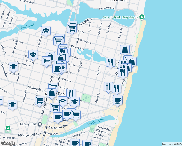 map of restaurants, bars, coffee shops, grocery stores, and more near 409 3rd Avenue in Asbury Park