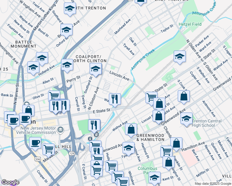 map of restaurants, bars, coffee shops, grocery stores, and more near 201 Monmouth Street in Trenton