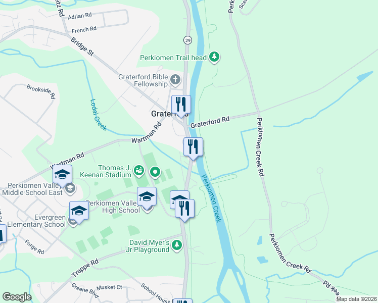 map of restaurants, bars, coffee shops, grocery stores, and more near 532 Gravel Pike in Collegeville