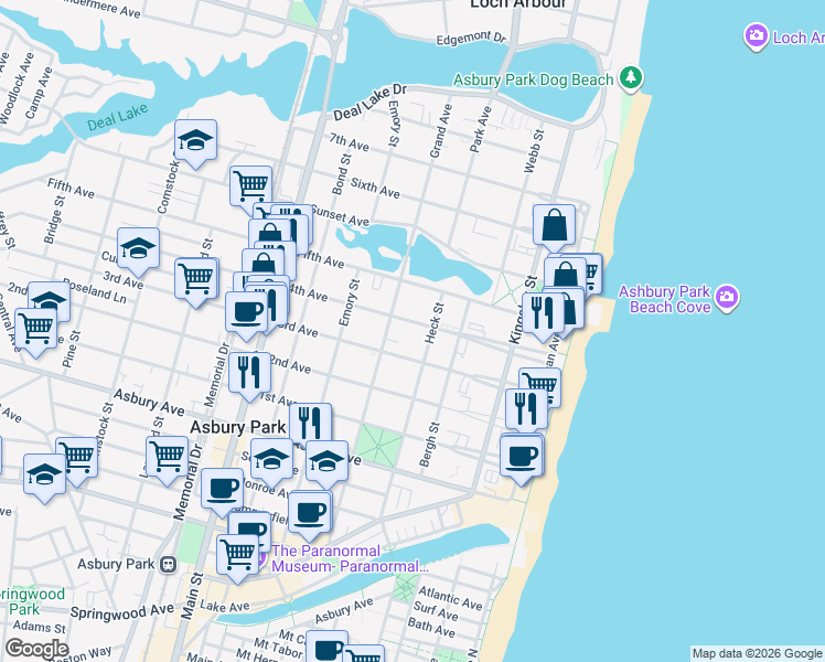 map of restaurants, bars, coffee shops, grocery stores, and more near 409 3rd Avenue in Asbury Park