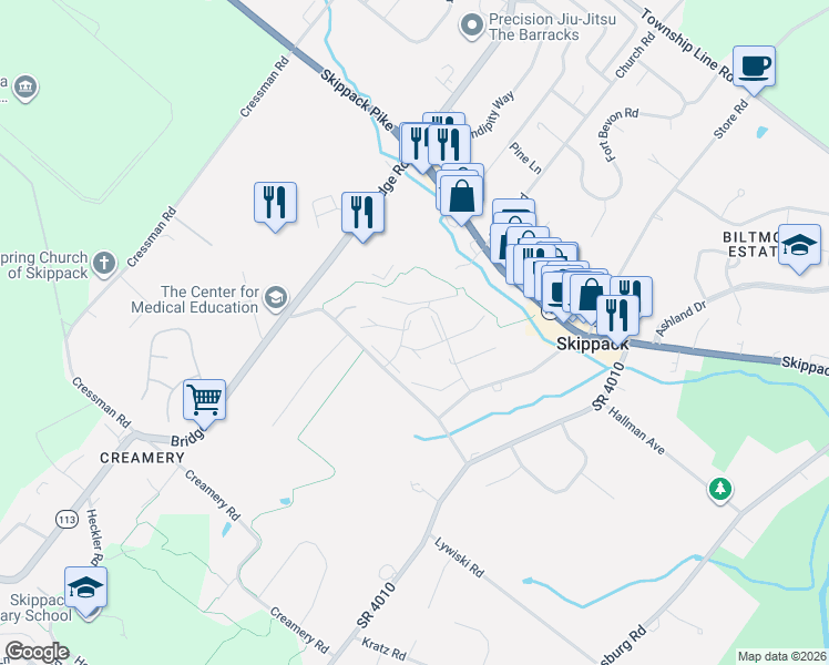 map of restaurants, bars, coffee shops, grocery stores, and more near 4027 Lantern Lane in Skippack