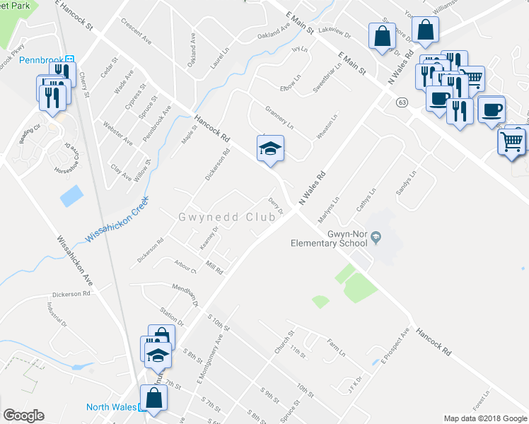 map of restaurants, bars, coffee shops, grocery stores, and more near 19 Donovan Court in North Wales