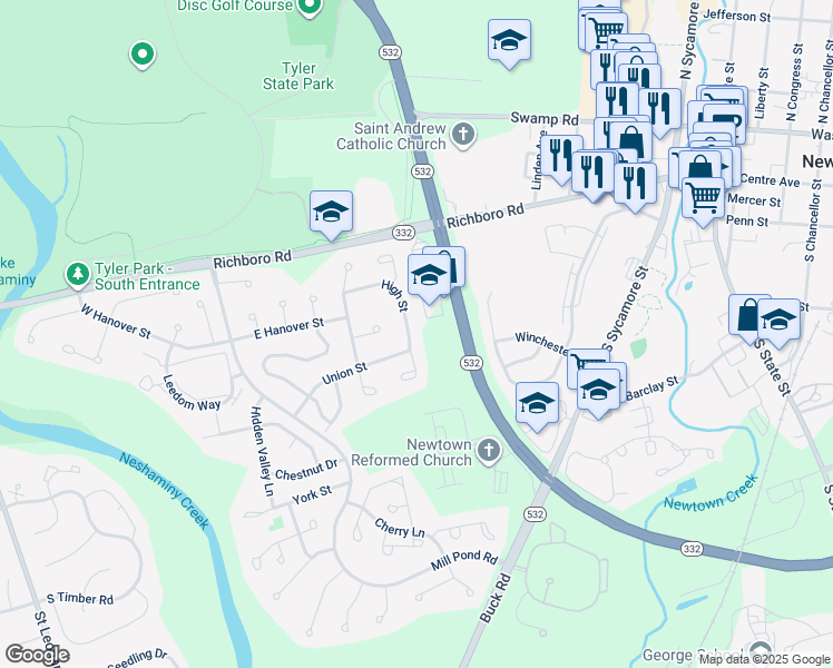 map of restaurants, bars, coffee shops, grocery stores, and more near 181 High Street in Newtown