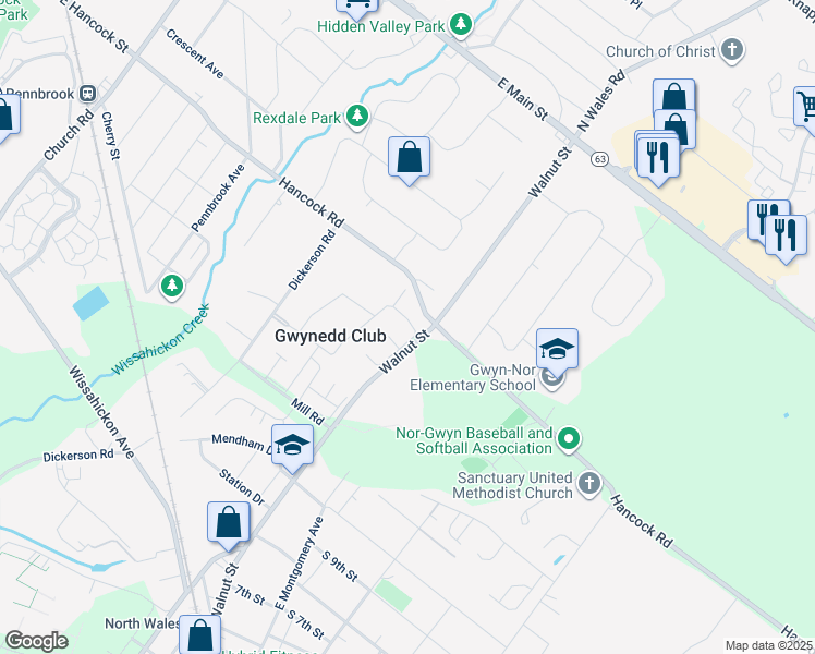 map of restaurants, bars, coffee shops, grocery stores, and more near 14 Derry Drive in North Wales