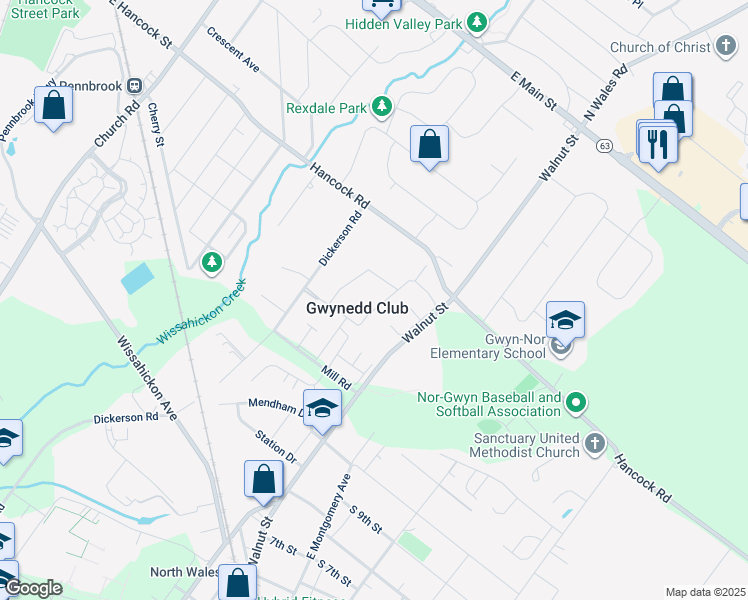 map of restaurants, bars, coffee shops, grocery stores, and more near 33 Wexford Dr in North Wales