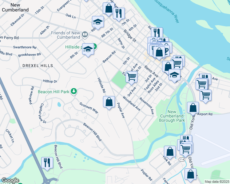 map of restaurants, bars, coffee shops, grocery stores, and more near 400 Woodland Avenue in New Cumberland