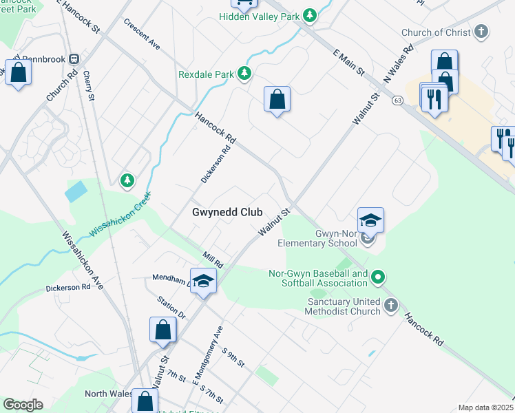 map of restaurants, bars, coffee shops, grocery stores, and more near 6 Wexford Drive in North Wales