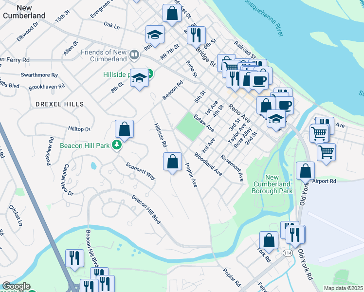 map of restaurants, bars, coffee shops, grocery stores, and more near 400 Woodland Avenue in New Cumberland