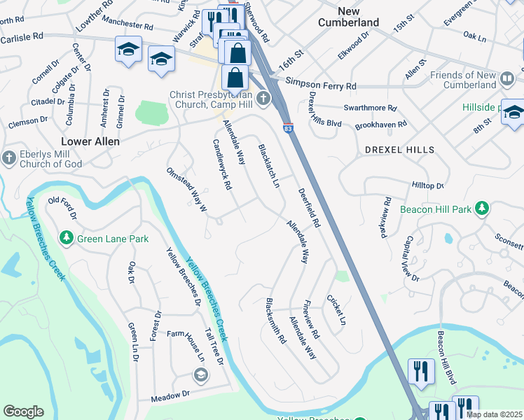 map of restaurants, bars, coffee shops, grocery stores, and more near 404 Allendale Way in Camp Hill