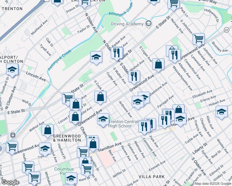 map of restaurants, bars, coffee shops, grocery stores, and more near 40 Winder Avenue in Trenton