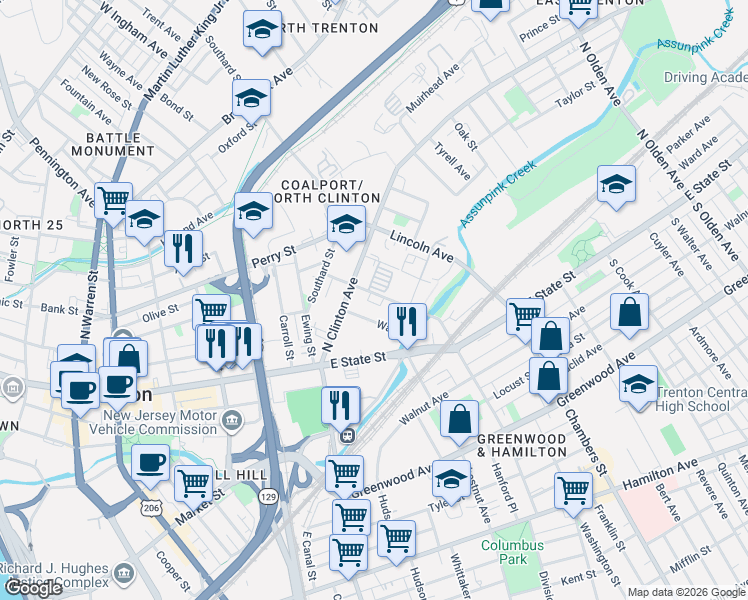 map of restaurants, bars, coffee shops, grocery stores, and more near 26 Model Avenue in Trenton