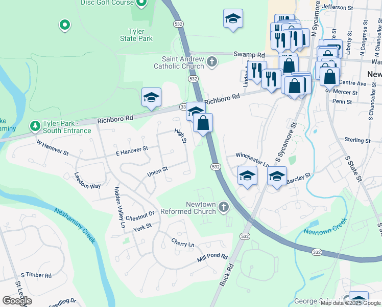 map of restaurants, bars, coffee shops, grocery stores, and more near 181 High Street in Newtown