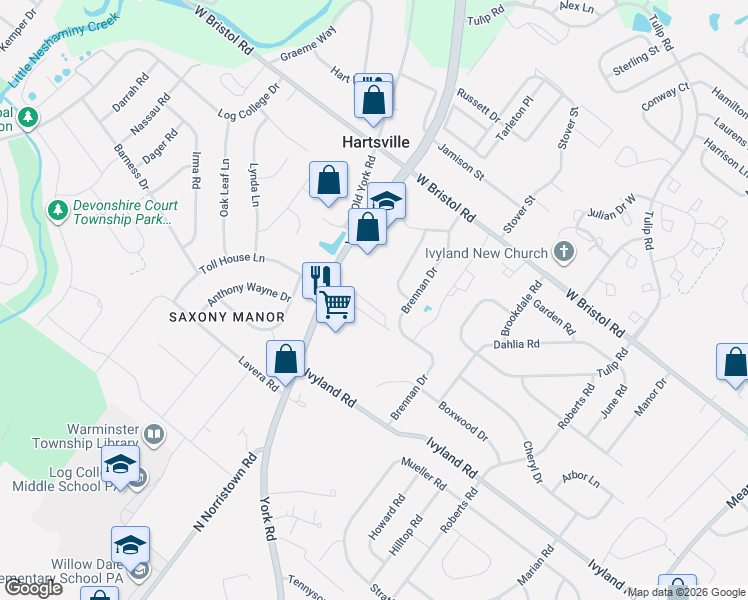 map of restaurants, bars, coffee shops, grocery stores, and more near 1168 Bellemeade Drive in Warminster