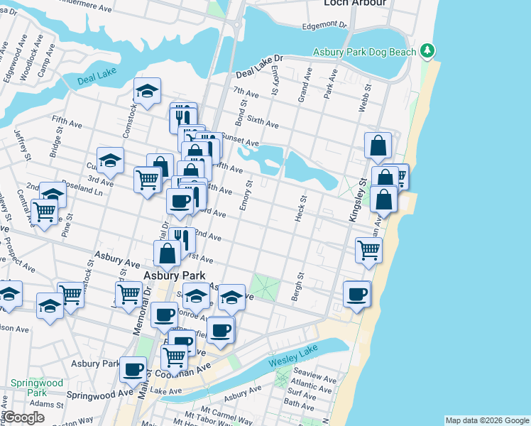 map of restaurants, bars, coffee shops, grocery stores, and more near 1107 Grand Avenue in Asbury Park