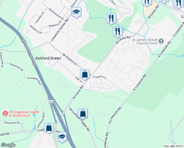 map of restaurants, bars, coffee shops, grocery stores, and more near 722 North Lewis Road in Limerick