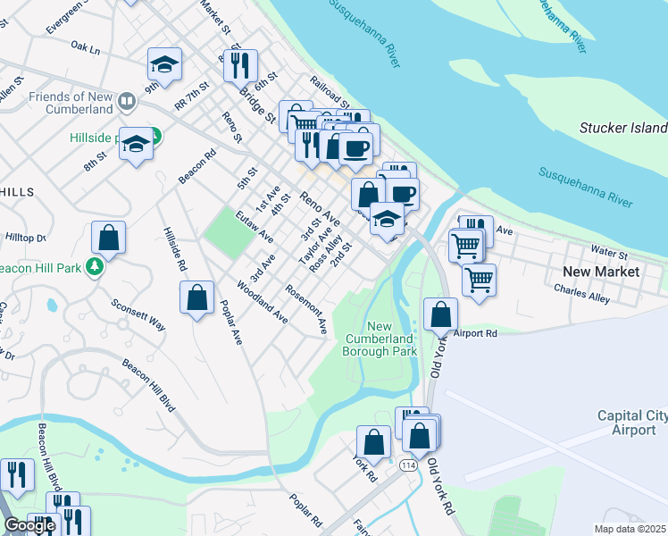map of restaurants, bars, coffee shops, grocery stores, and more near 508 2nd Street in New Cumberland