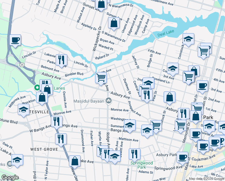 map of restaurants, bars, coffee shops, grocery stores, and more near 816 Ridge Avenue in Asbury Park