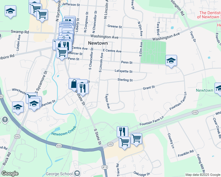 map of restaurants, bars, coffee shops, grocery stores, and more near 417 Taylor Avenue in Newtown