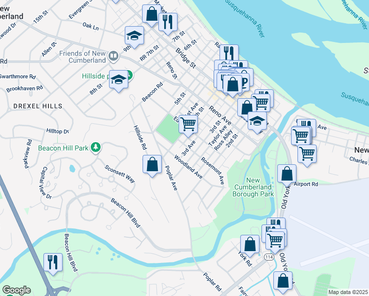 map of restaurants, bars, coffee shops, grocery stores, and more near 318 Rosemont Avenue in New Cumberland