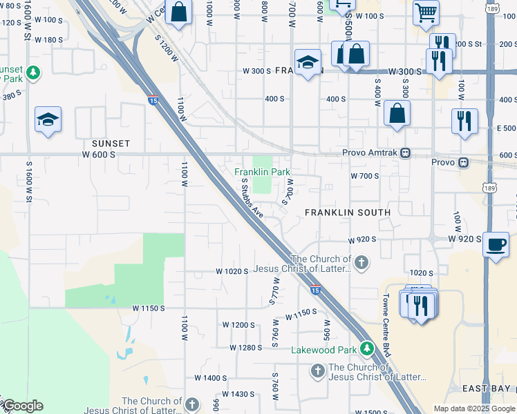 map of restaurants, bars, coffee shops, grocery stores, and more near 717 South Stubbs Avenue in Provo
