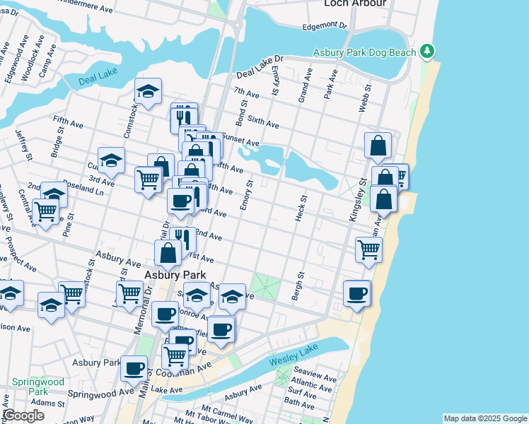 map of restaurants, bars, coffee shops, grocery stores, and more near 511 4th Avenue in Asbury Park