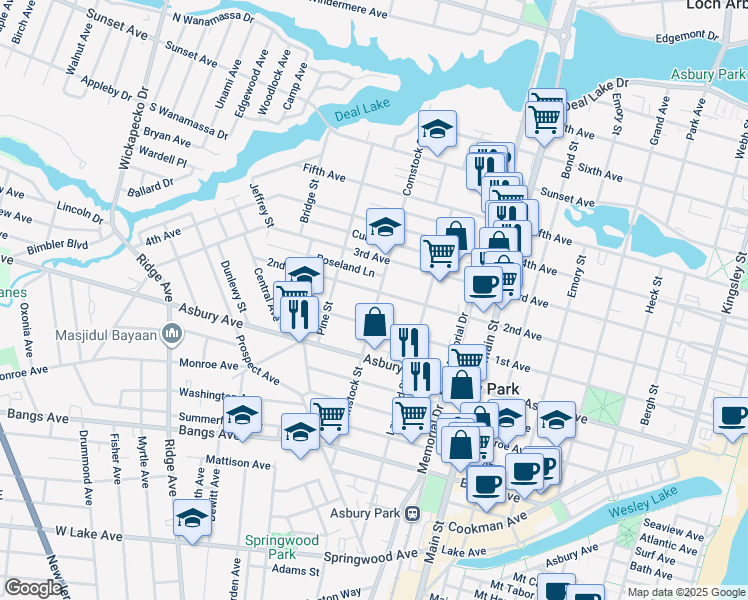 map of restaurants, bars, coffee shops, grocery stores, and more near 1005 Comstock Street in Asbury Park
