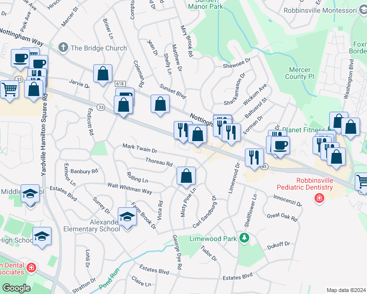 map of restaurants, bars, coffee shops, grocery stores, and more near New Jersey 33 in Trenton