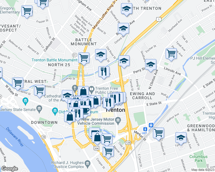 map of restaurants, bars, coffee shops, grocery stores, and more near 127 N Stockton St in Trenton