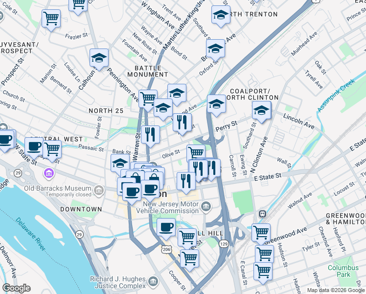 map of restaurants, bars, coffee shops, grocery stores, and more near 234 Perry Street in Trenton