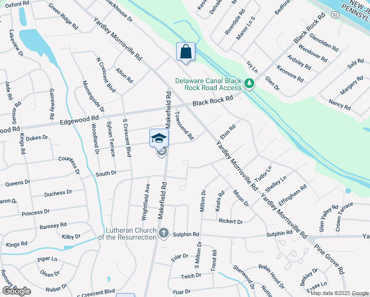 map of restaurants, bars, coffee shops, grocery stores, and more near 11 East School Lane in Yardley
