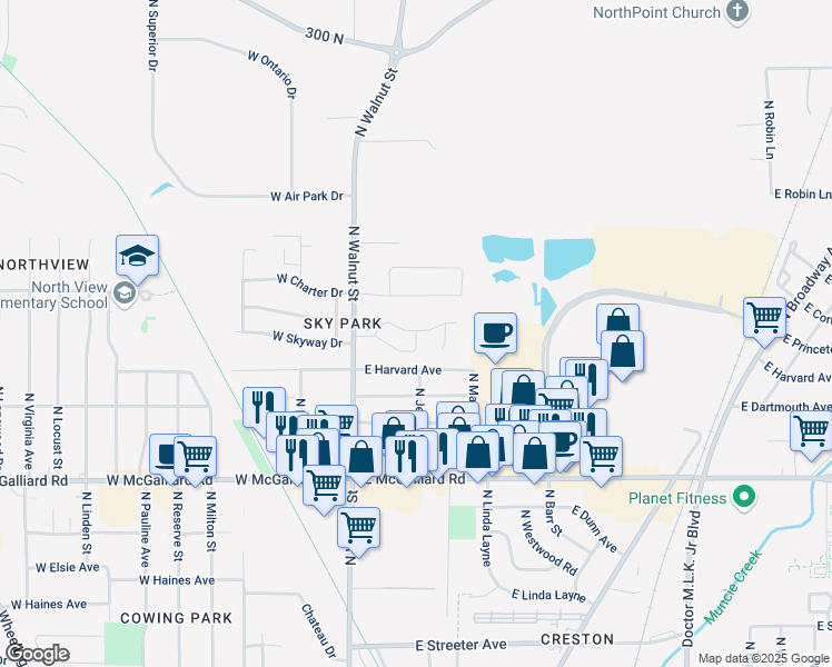 map of restaurants, bars, coffee shops, grocery stores, and more near 125 East Oldfield Lane in Muncie