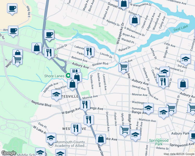 map of restaurants, bars, coffee shops, grocery stores, and more near in Neptune Township