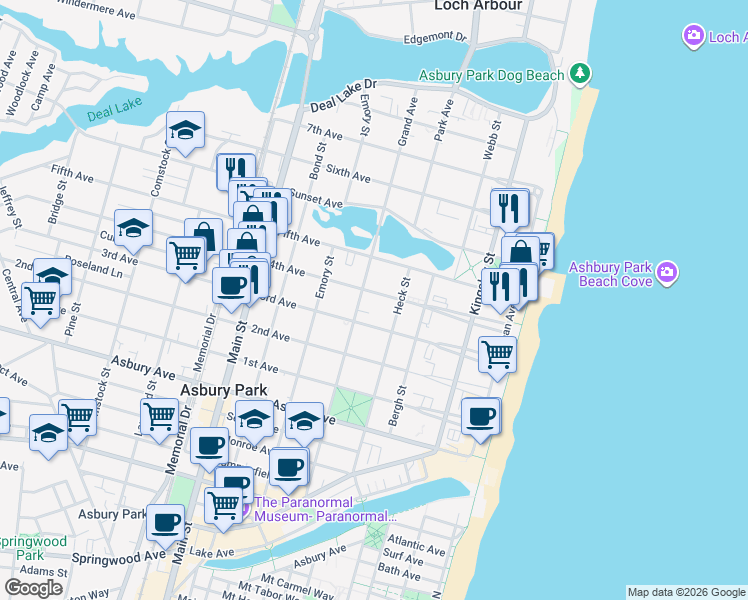 map of restaurants, bars, coffee shops, grocery stores, and more near 1200 Grand Avenue in Asbury Park