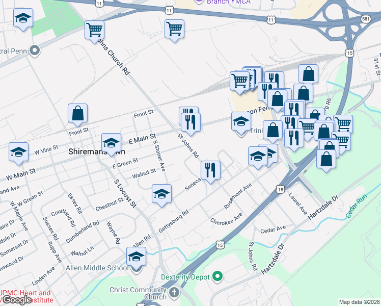 map of restaurants, bars, coffee shops, grocery stores, and more near 3619 Simpson Ferry Road in Camp Hill