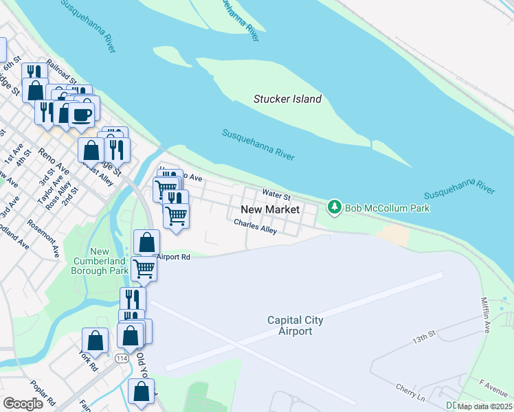 map of restaurants, bars, coffee shops, grocery stores, and more near 400 Ross Avenue in New Cumberland
