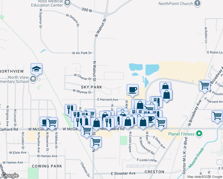map of restaurants, bars, coffee shops, grocery stores, and more near 3710 Bennington Court in Muncie