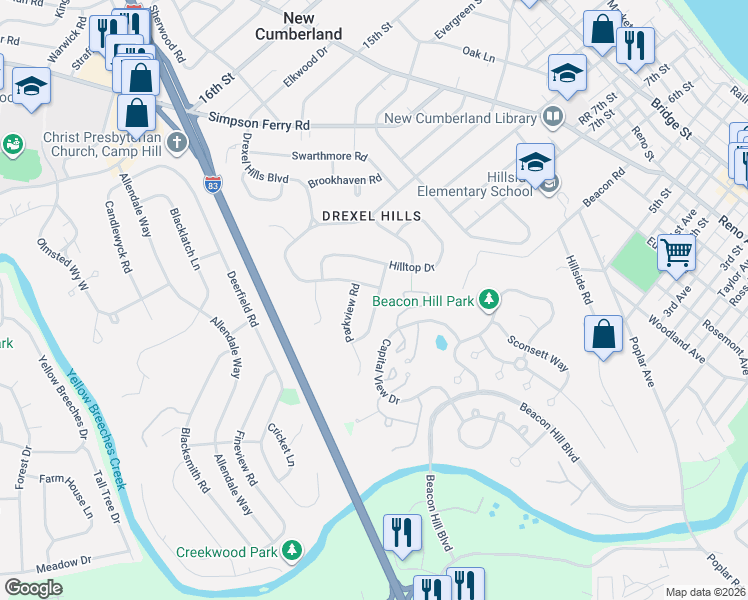 map of restaurants, bars, coffee shops, grocery stores, and more near 100 Valleyview Road in New Cumberland