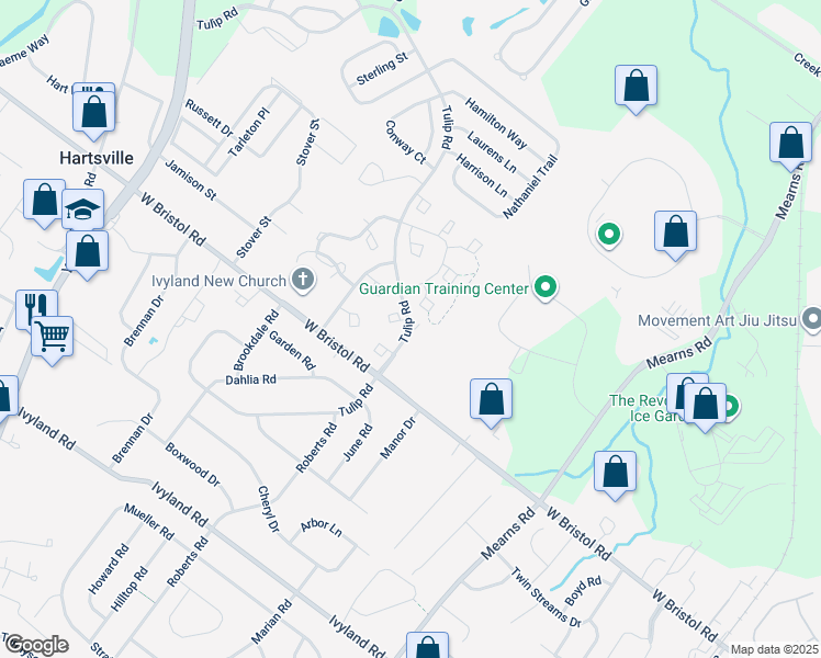 map of restaurants, bars, coffee shops, grocery stores, and more near 101 Rolling Green Court in Warminster