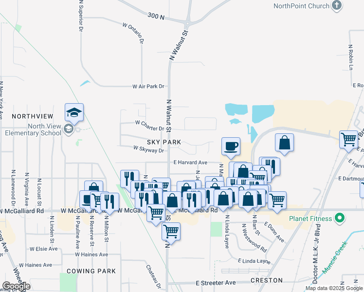map of restaurants, bars, coffee shops, grocery stores, and more near 109 East Charter Drive in Muncie